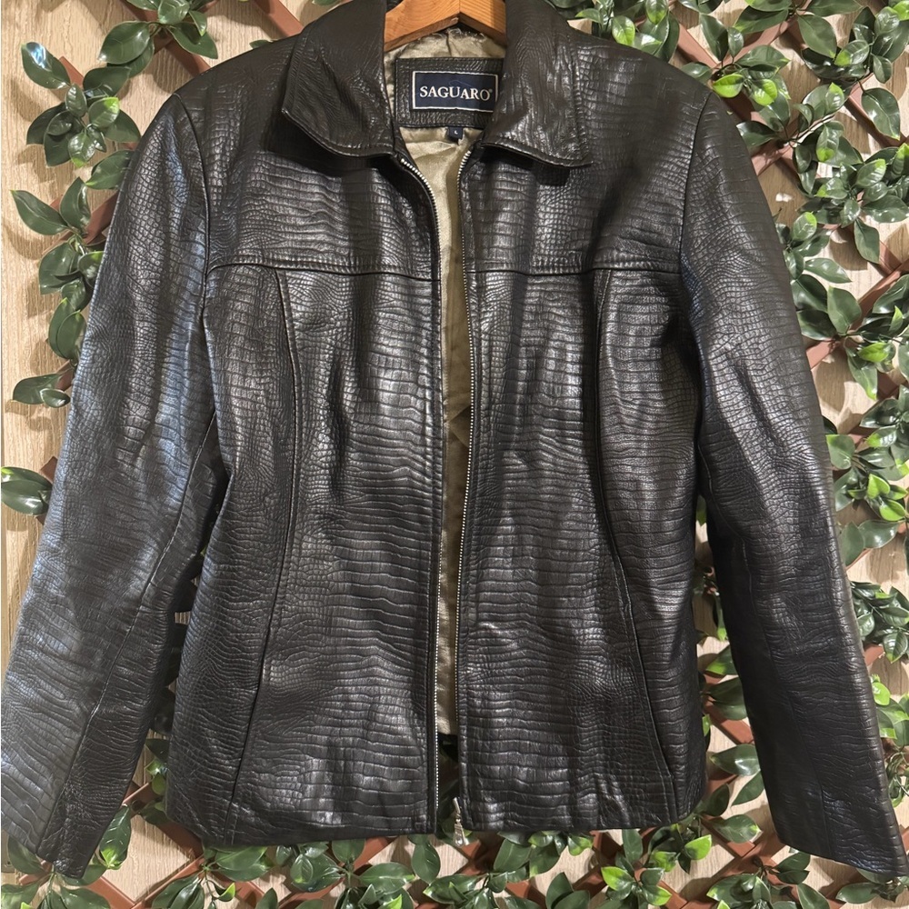 Vintage Saguaro Genuine Leather Croc-Embossed Black Jacket Y2K Style Size Large